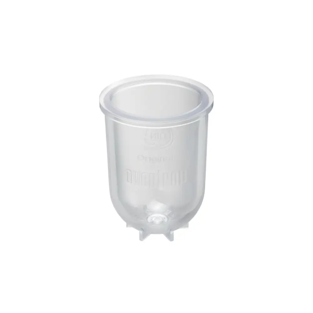 Transparente Kunststofftasse von Oventrop, geeignet für Filter-Entlüfter-Kombinationen. Runde Form mit einem Öffnungsrand und einem Auslassboden.